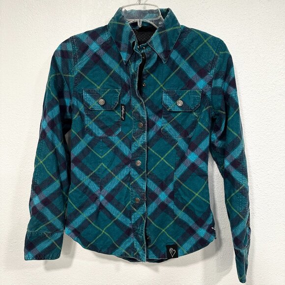 Speed and Strength Womens Reinforced Moto Shirt Teal Plaid Zip and Snap Sz Small - Picture 1 of 13